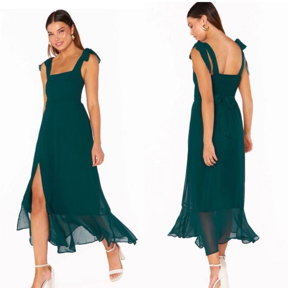 NWT Show Me Your MuMu Claire Midi Dress, Emerald Chiffon Size Medium bridesmaid - Picture 1 of 10